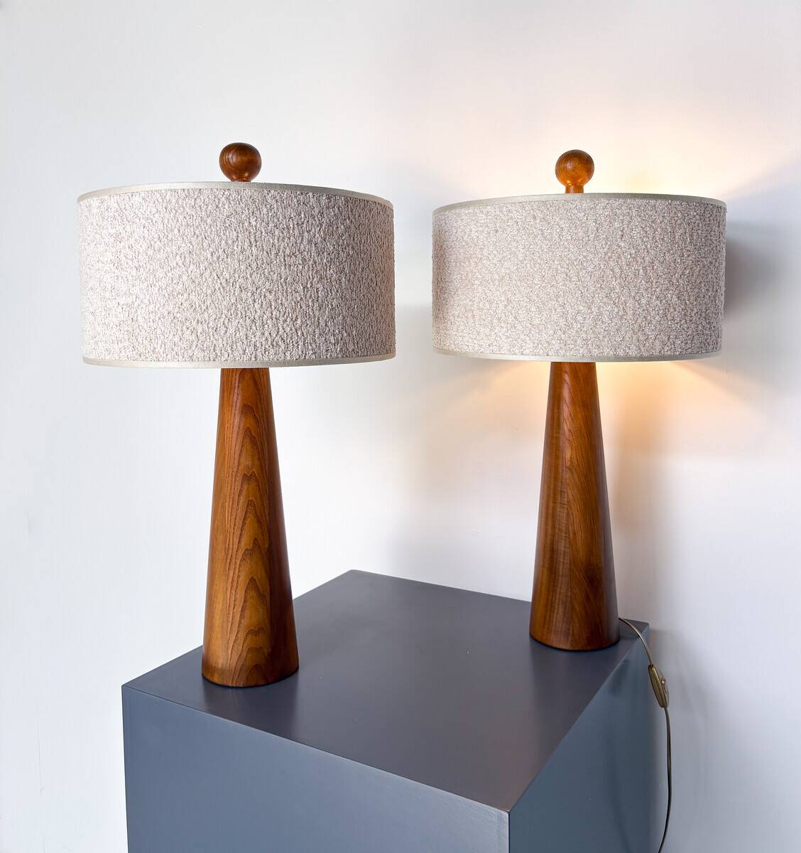 Pair of Modern Conical Wooden Table Lamps, Bouclé Lampshade,Italy