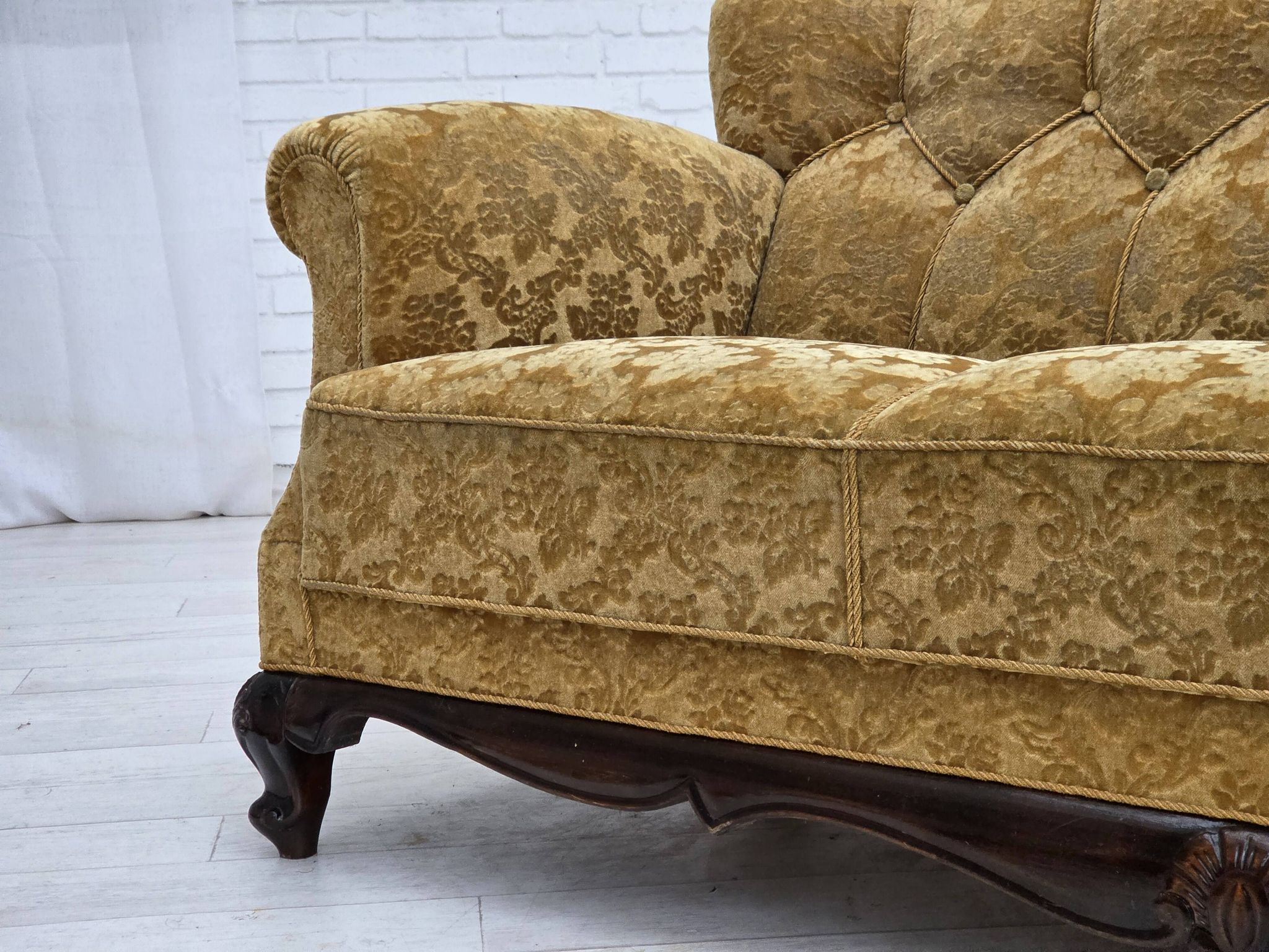 1950s, Danish 3-seater sofa, furniture velour, carved oak wood.