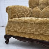 1950s, Danish 3-seater sofa, furniture velour, carved oak wood.