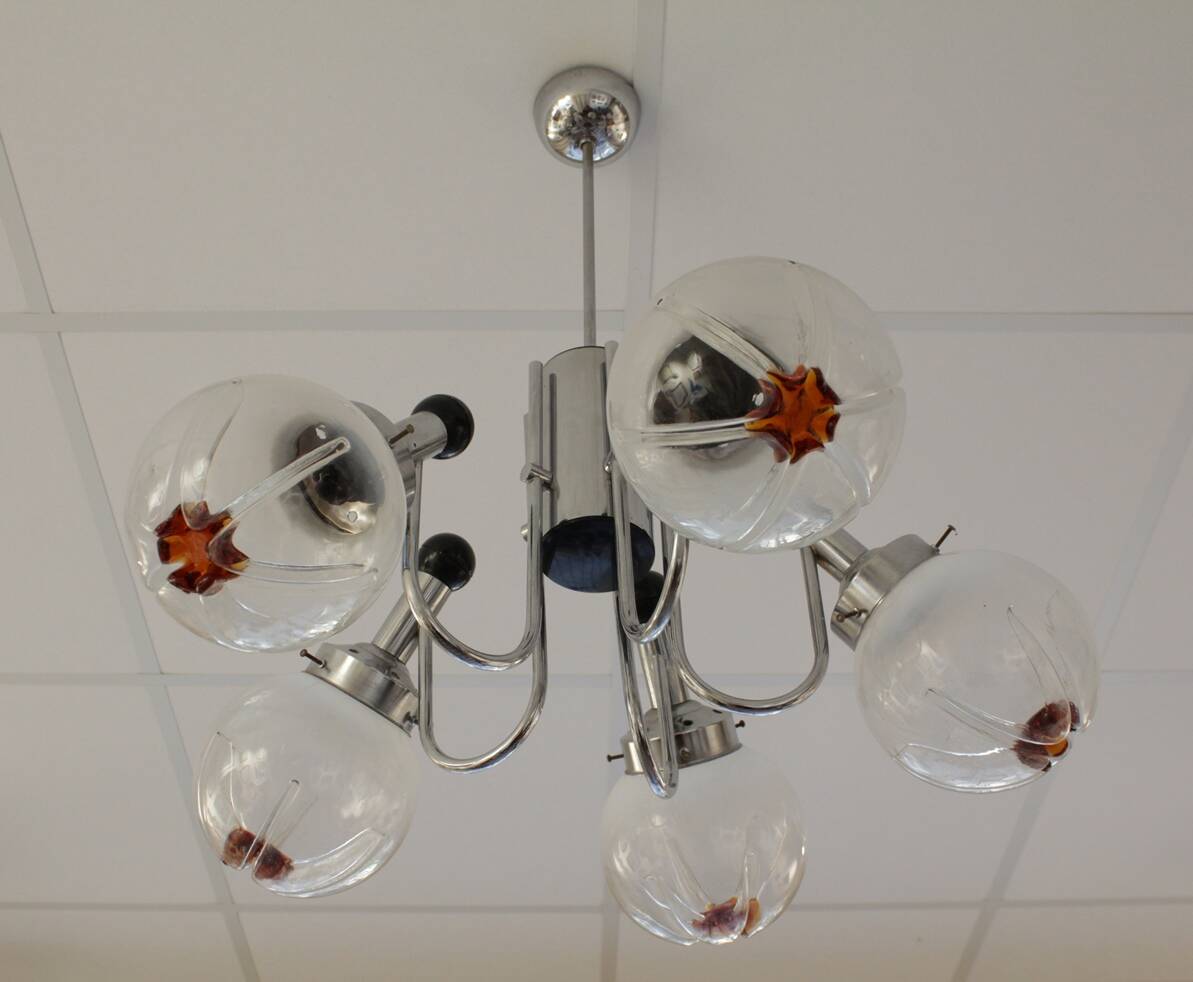 Chandelier with 5 arms of lights, Mazzega style, 1970