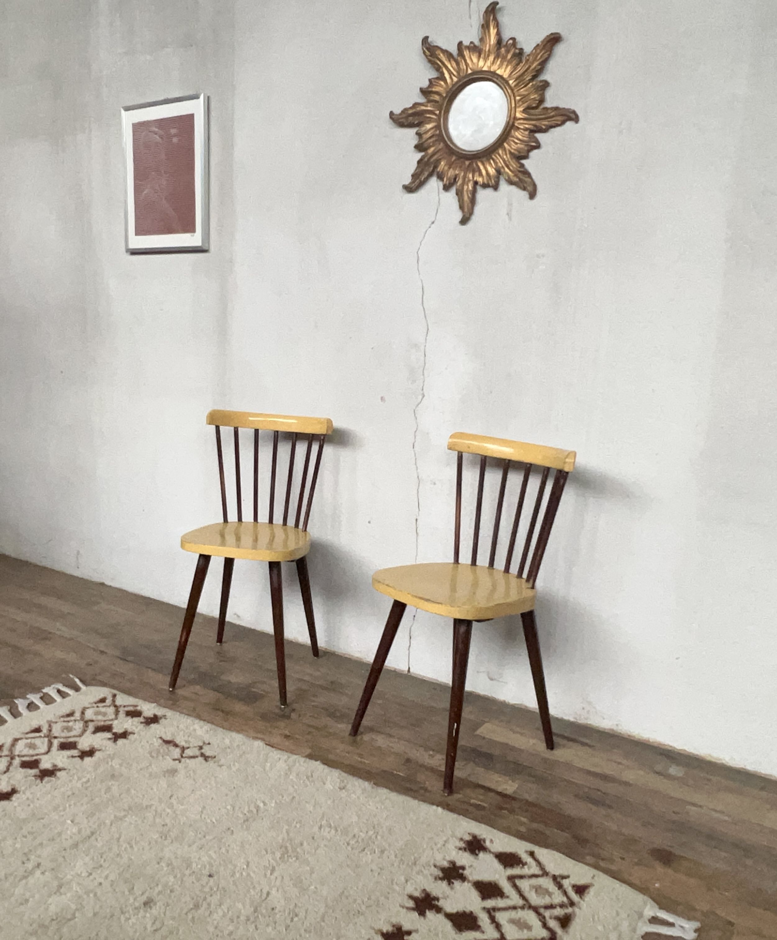 Pair of Baumann bistrot troquet chairs in yellow and brown wood