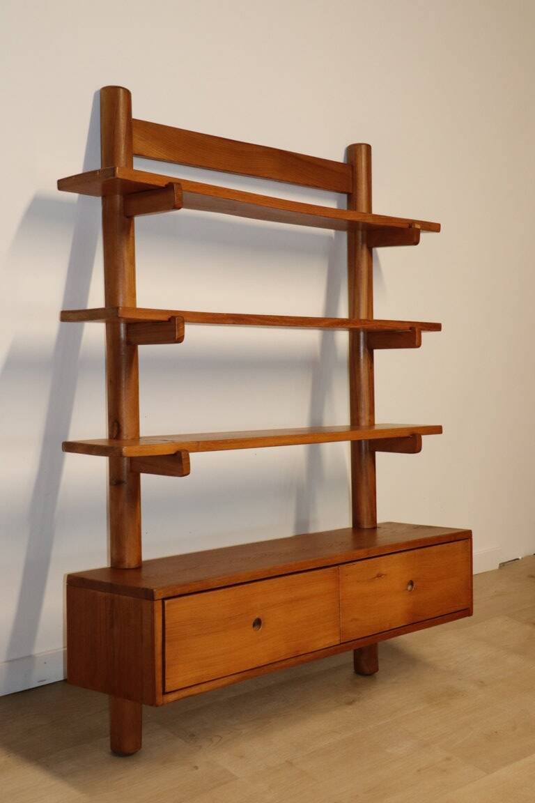 Vintage wall shelf unit in solid elm, 1970s