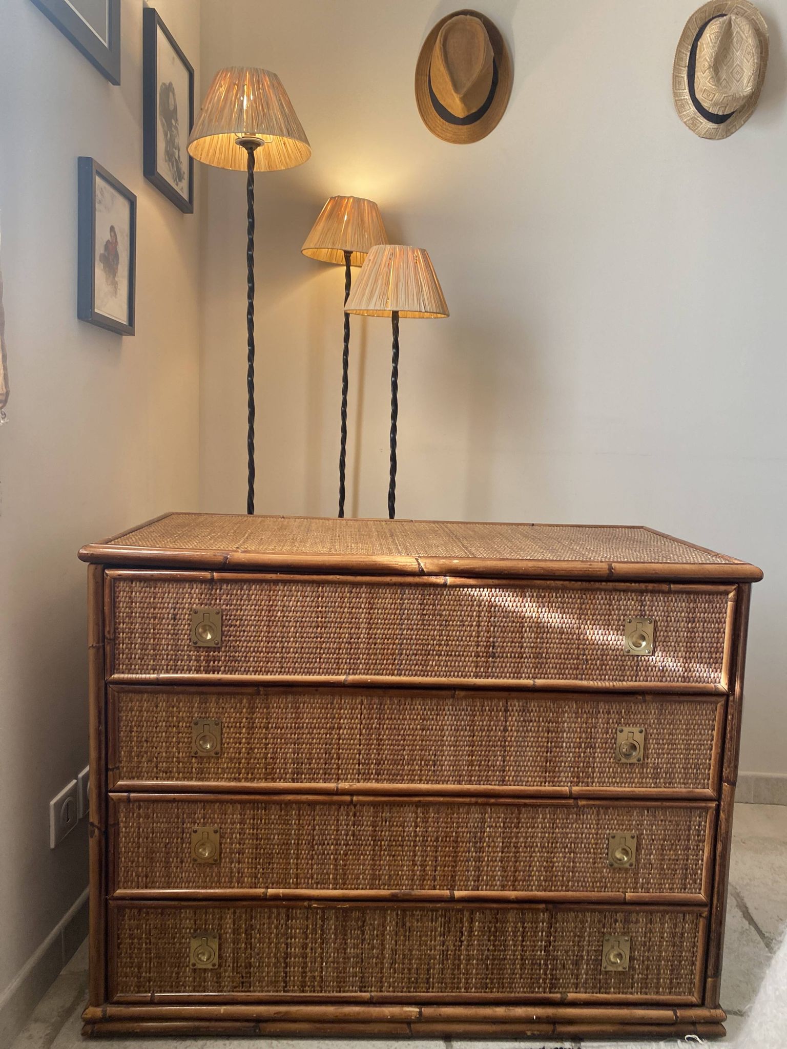 Dal Vera chest of drawers in woven rattan and bamboo 1970