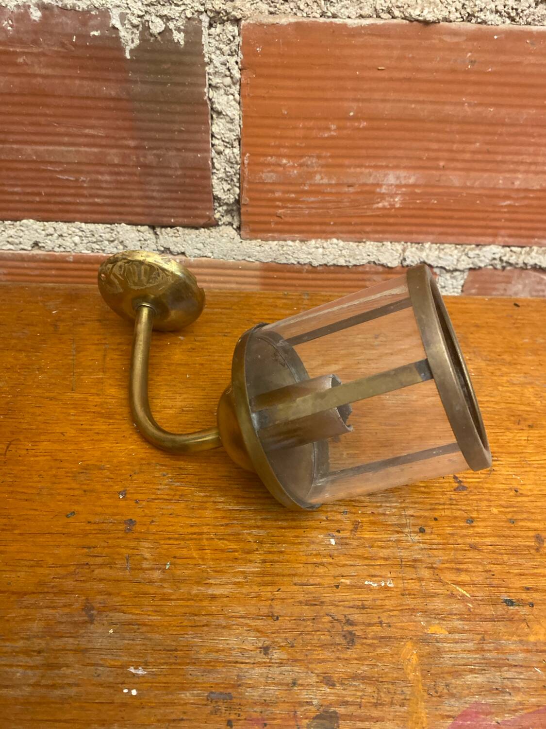 Antique Wall Lamp Lantern Gold Metal + Vintage Glass Cylinder #C528