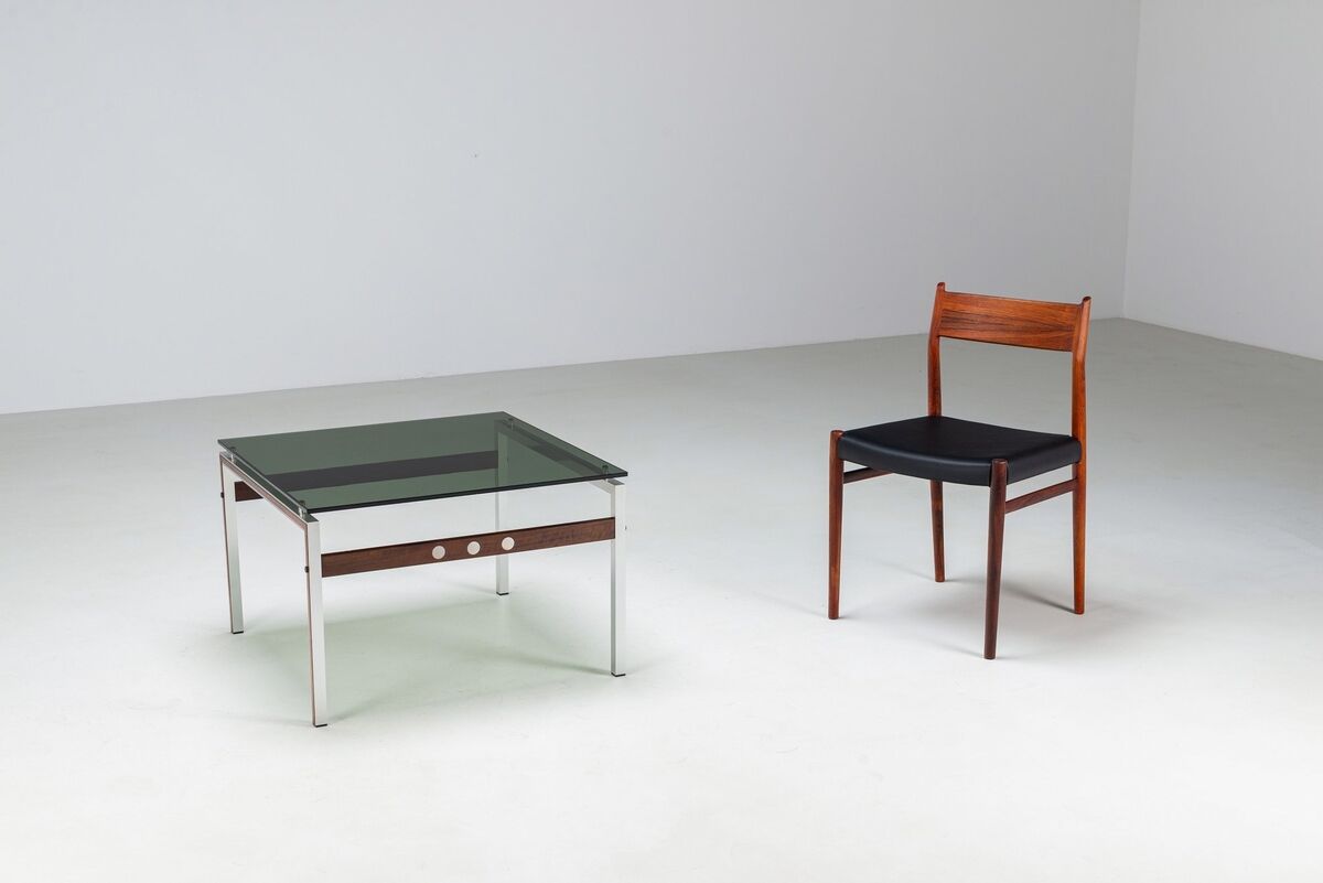 Scandinavian coffee table in metal, teak and smoked glass Denmark 1960