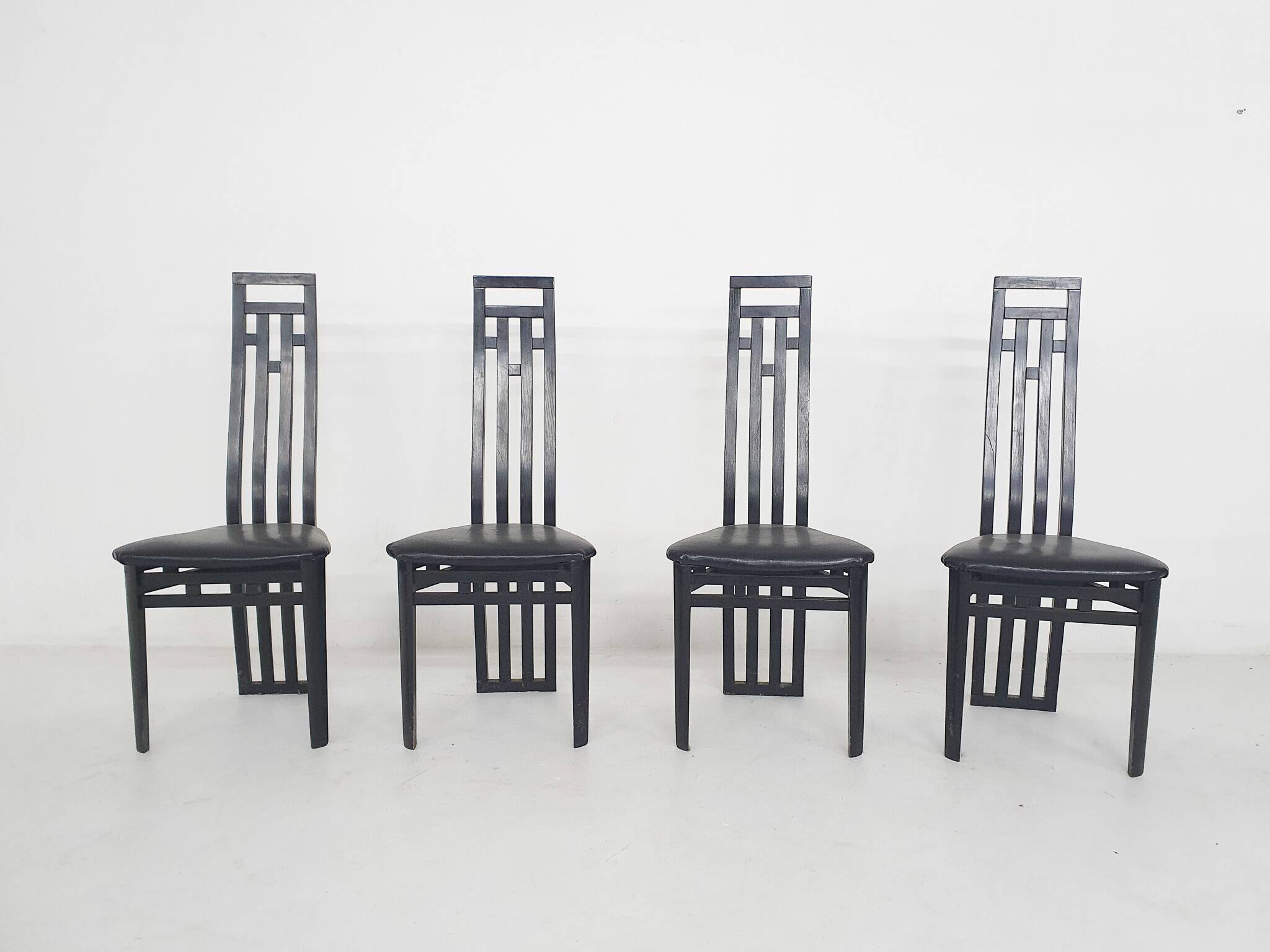 Antonio Sibau black leather dining room chairs, Italy 1980's