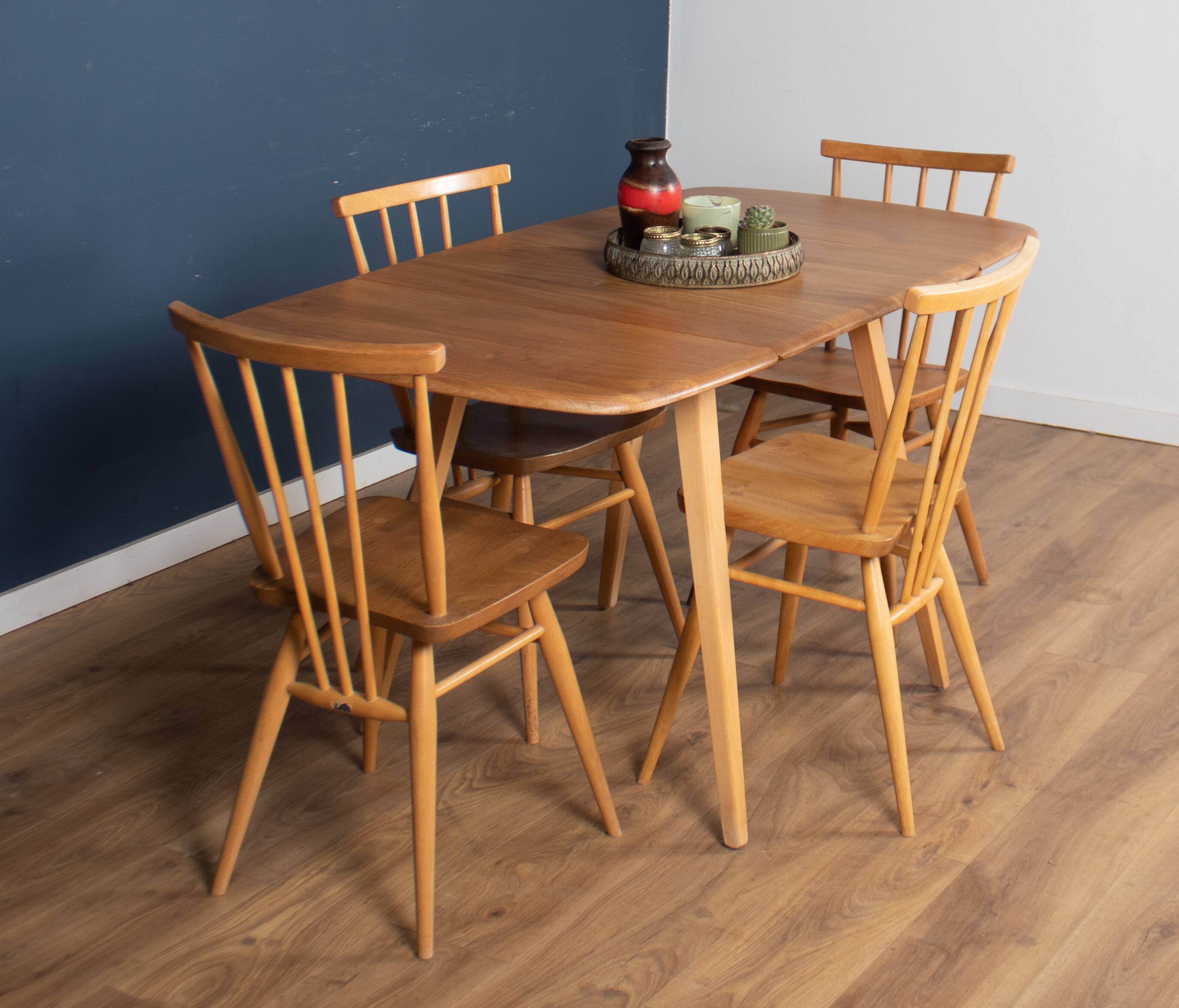 Retro Blonde Ercol Model 383 Dining Table & Four Stick Back Kitchen Dining Chairs