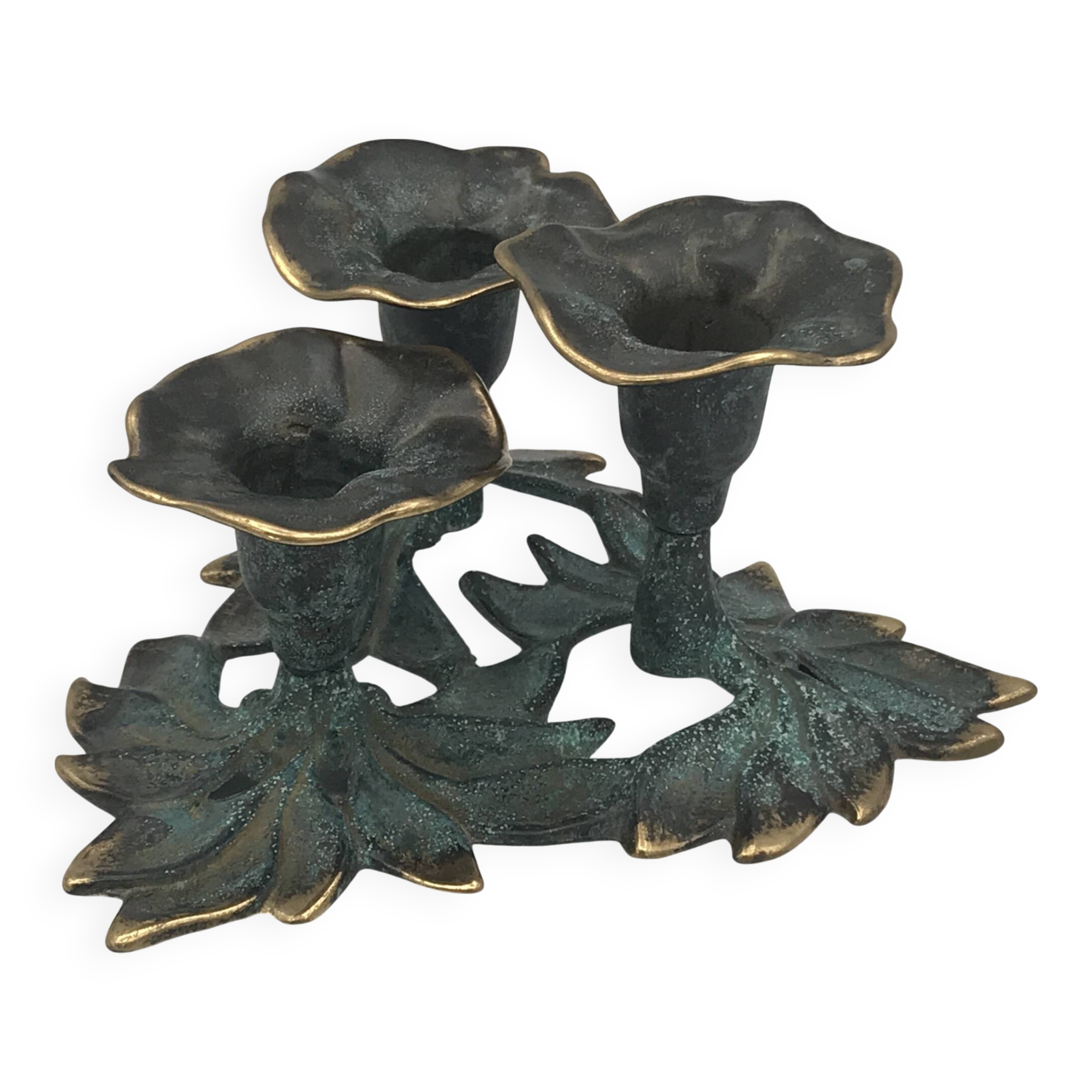 3-flower brass candlestick with green patina