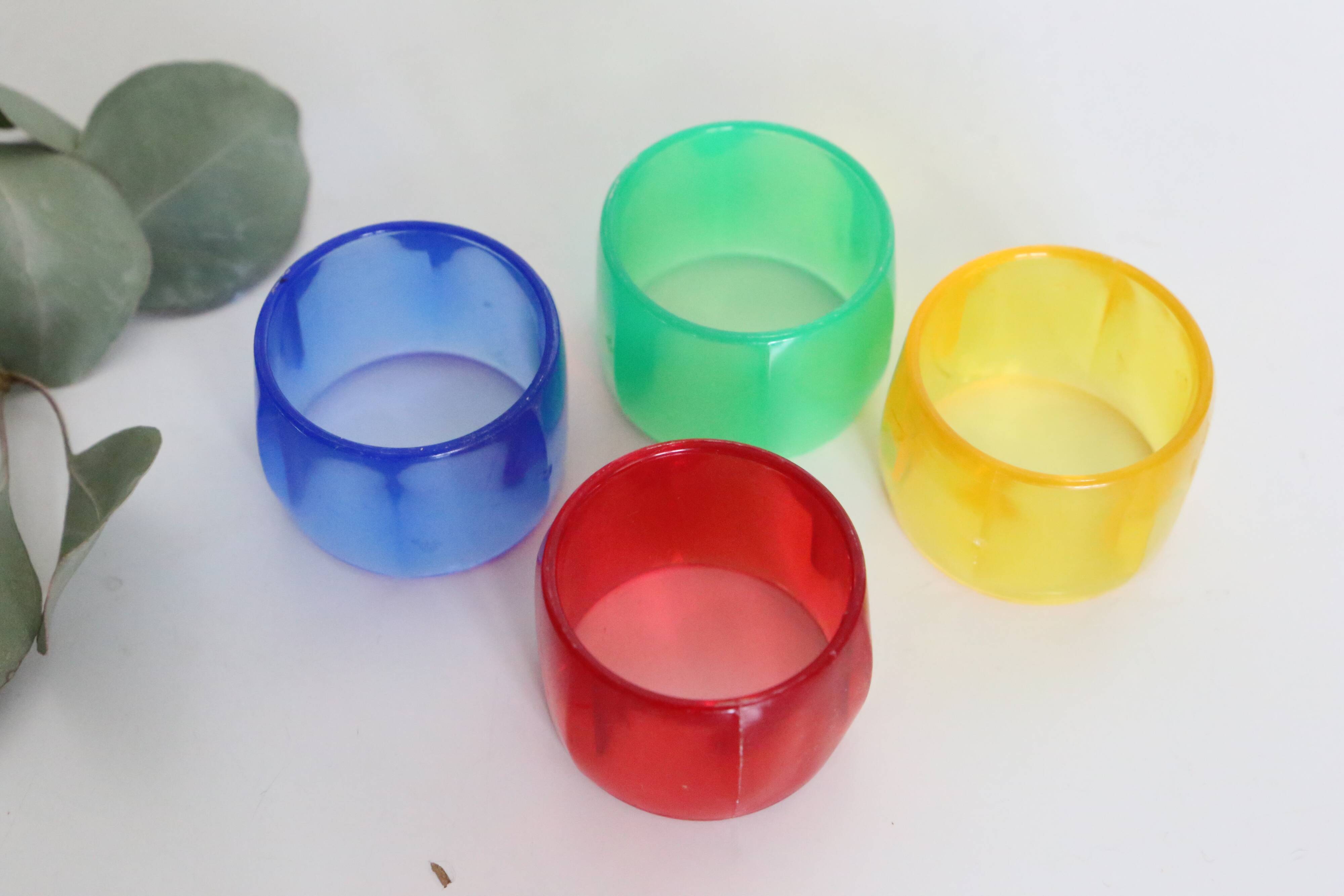Colorful towel rings made of translucent plastic, vintage