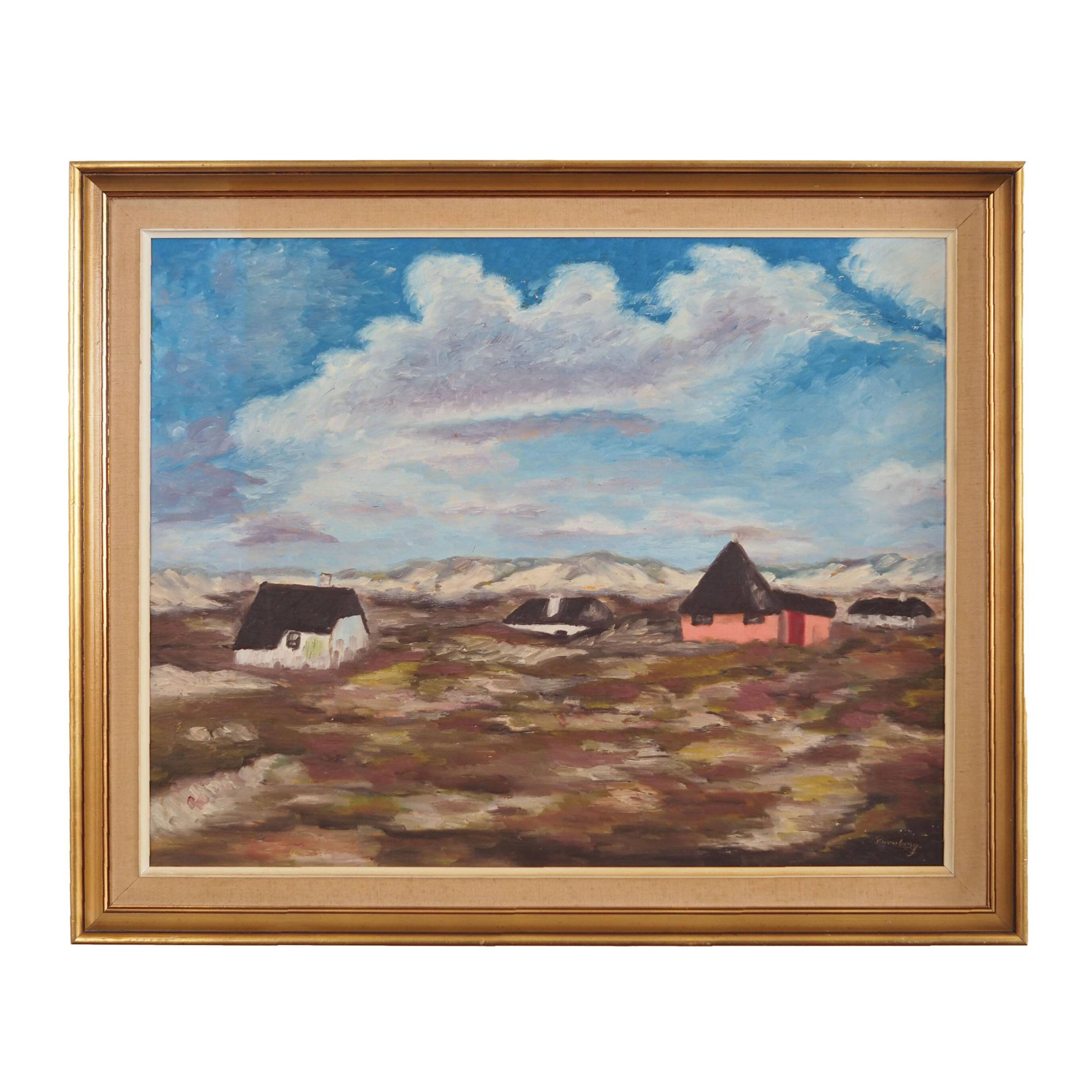 Tableau « Le village dans les nuages », design scandinave, années 1970