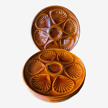 Set of 6 oyster plates in cognac brown color