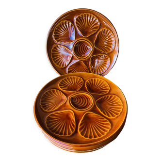 Set of 6 oyster plates in cognac brown color