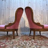 Pair of Louis Philippe armchairs in walnut and pink velvet.