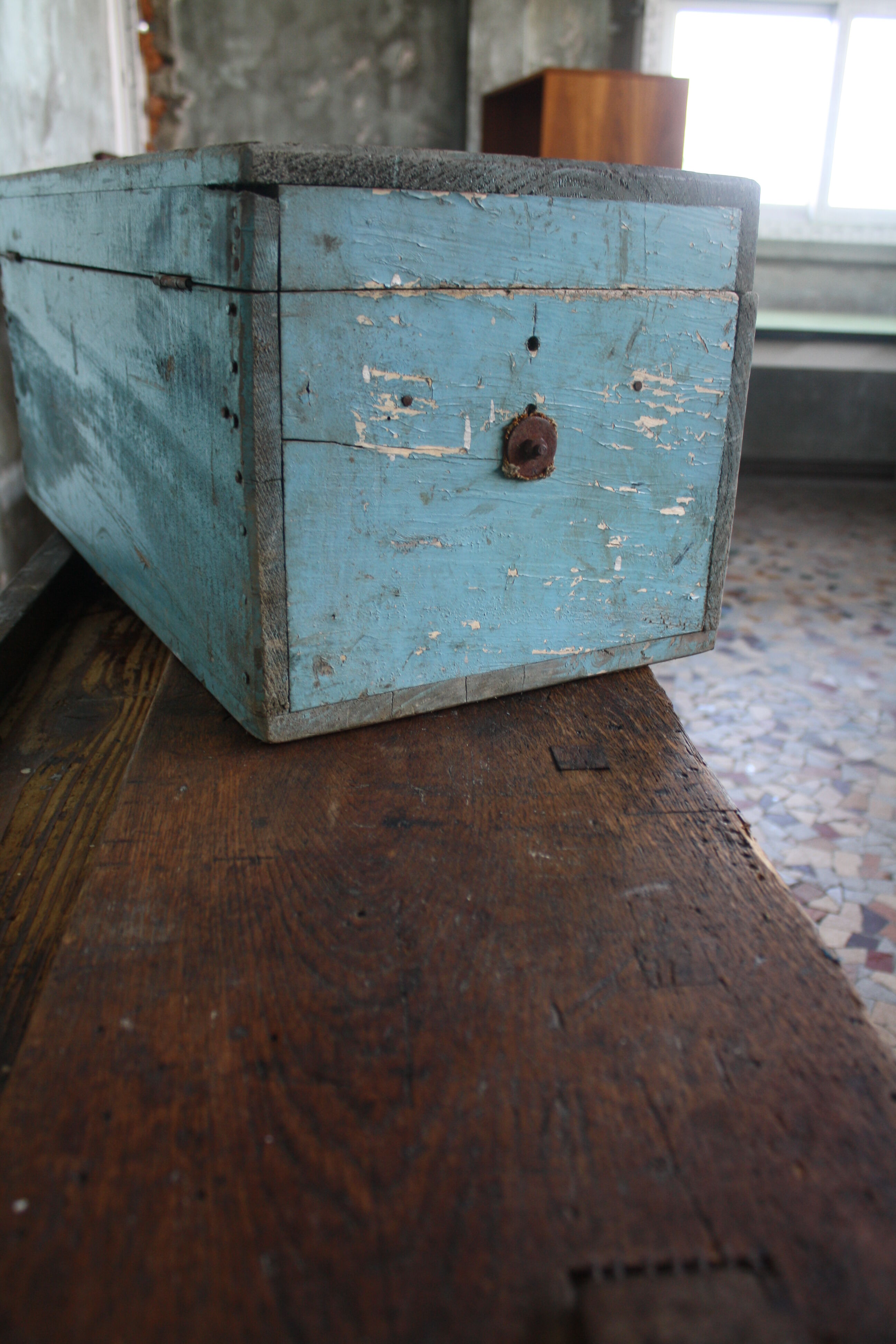 Blue vintage tool box wooden