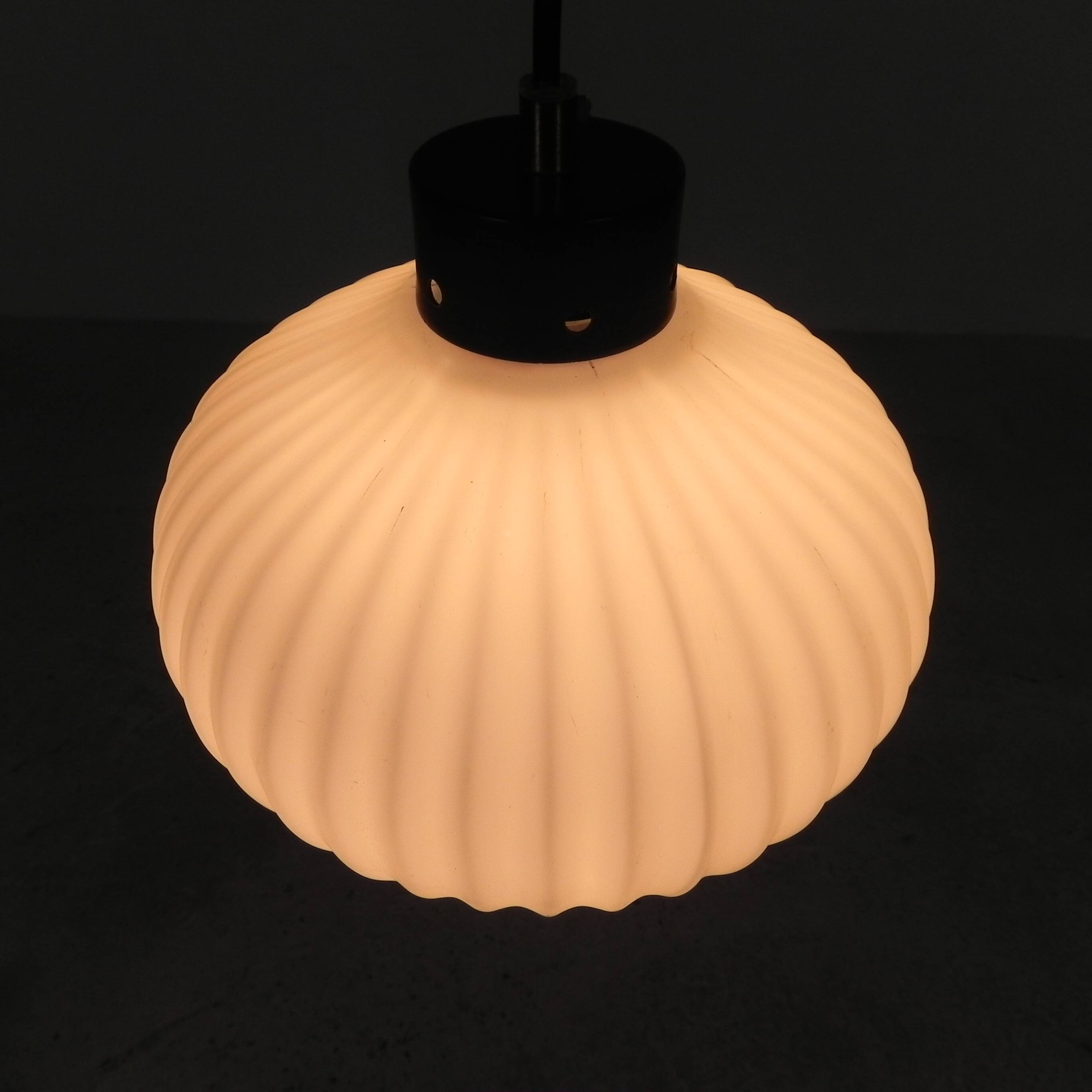 Vintage pendant lamp with white ribbed glass ball, 1960s