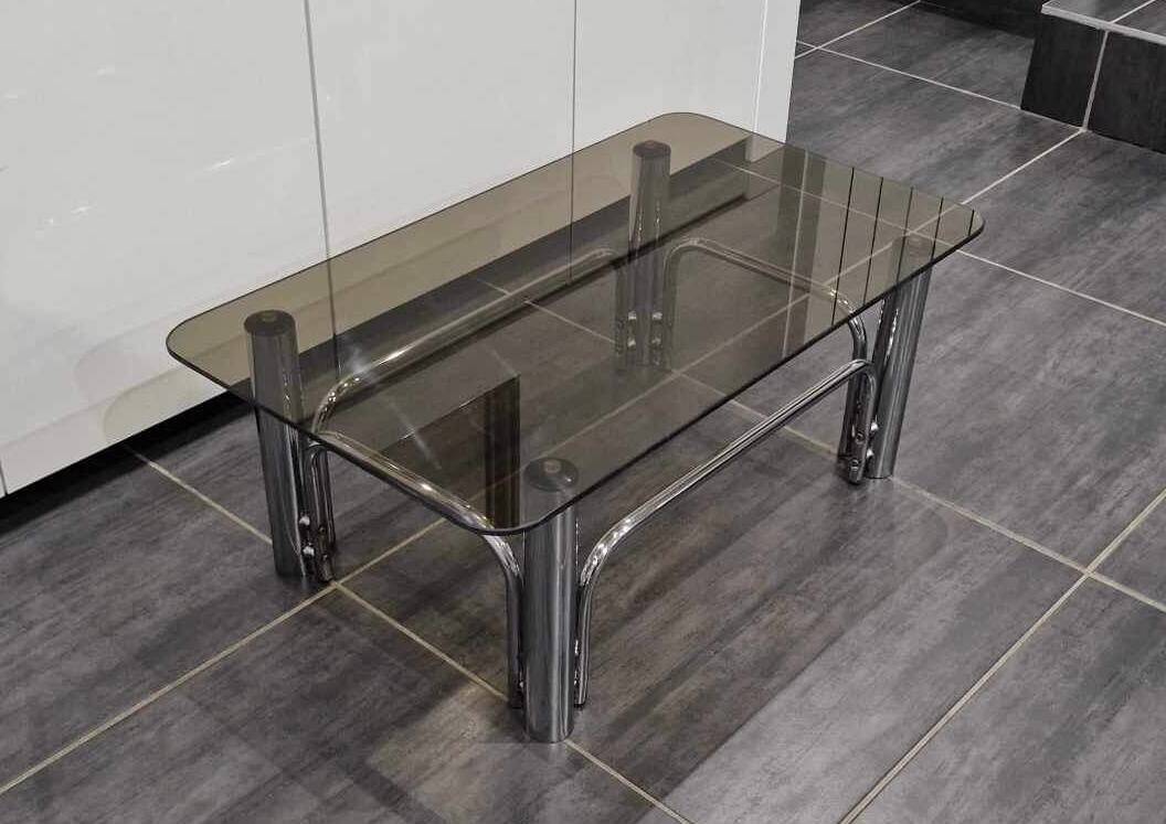 Vintage coffee table chrome metal and smoked glass 1970s