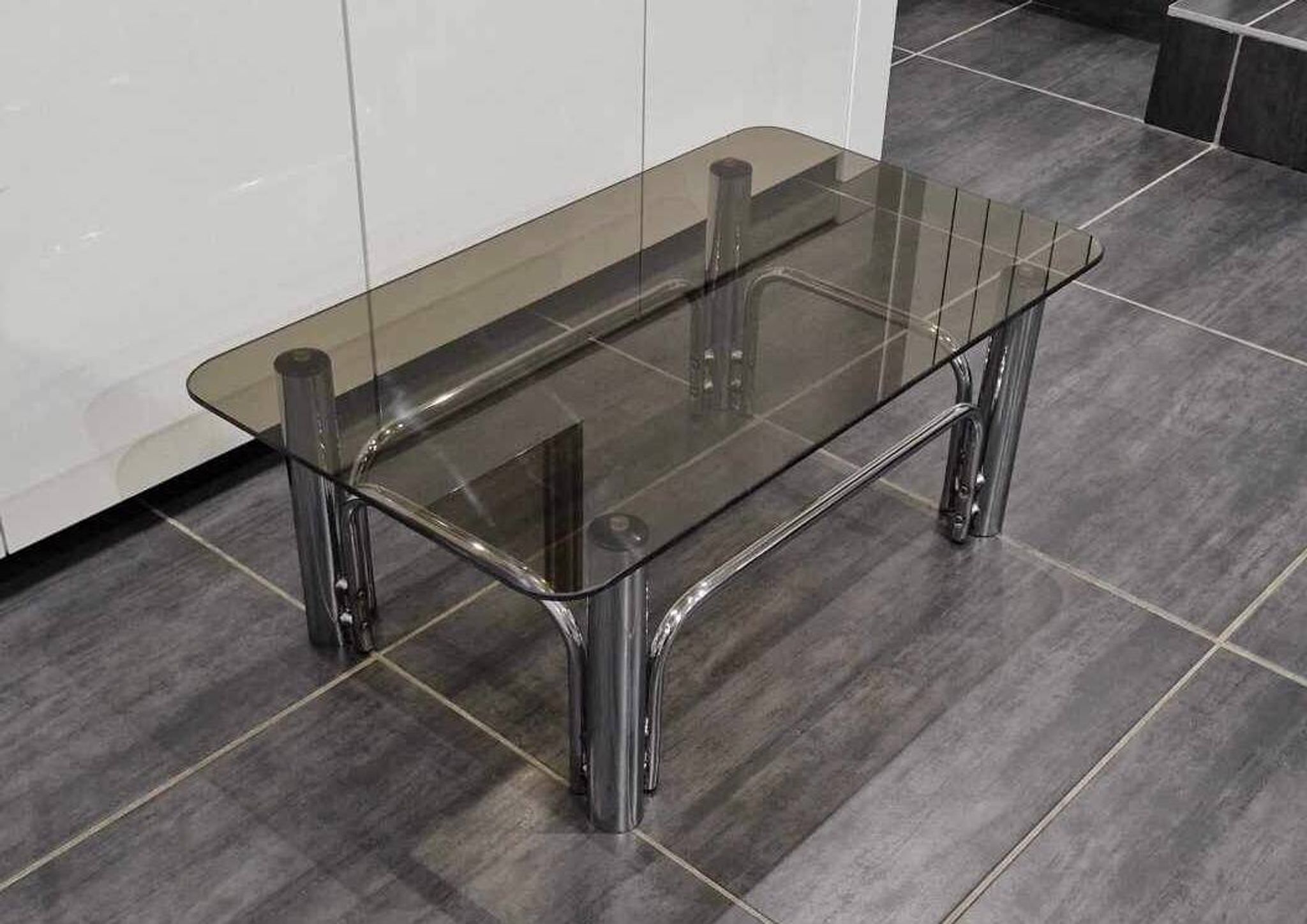 Vintage coffee table chrome metal and smoked glass 1970s