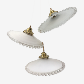 Series of 3 white opaline pendant lamps with serrated edges