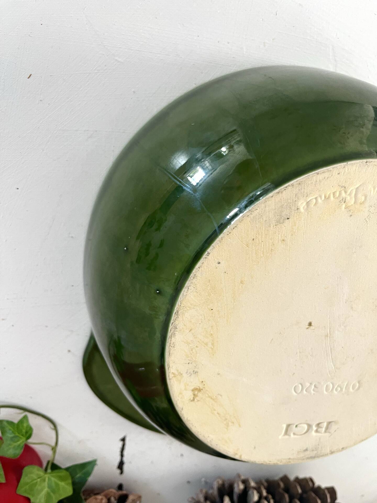 Christmas serving bowl, French BCI holly ceramic bowl, green glazed