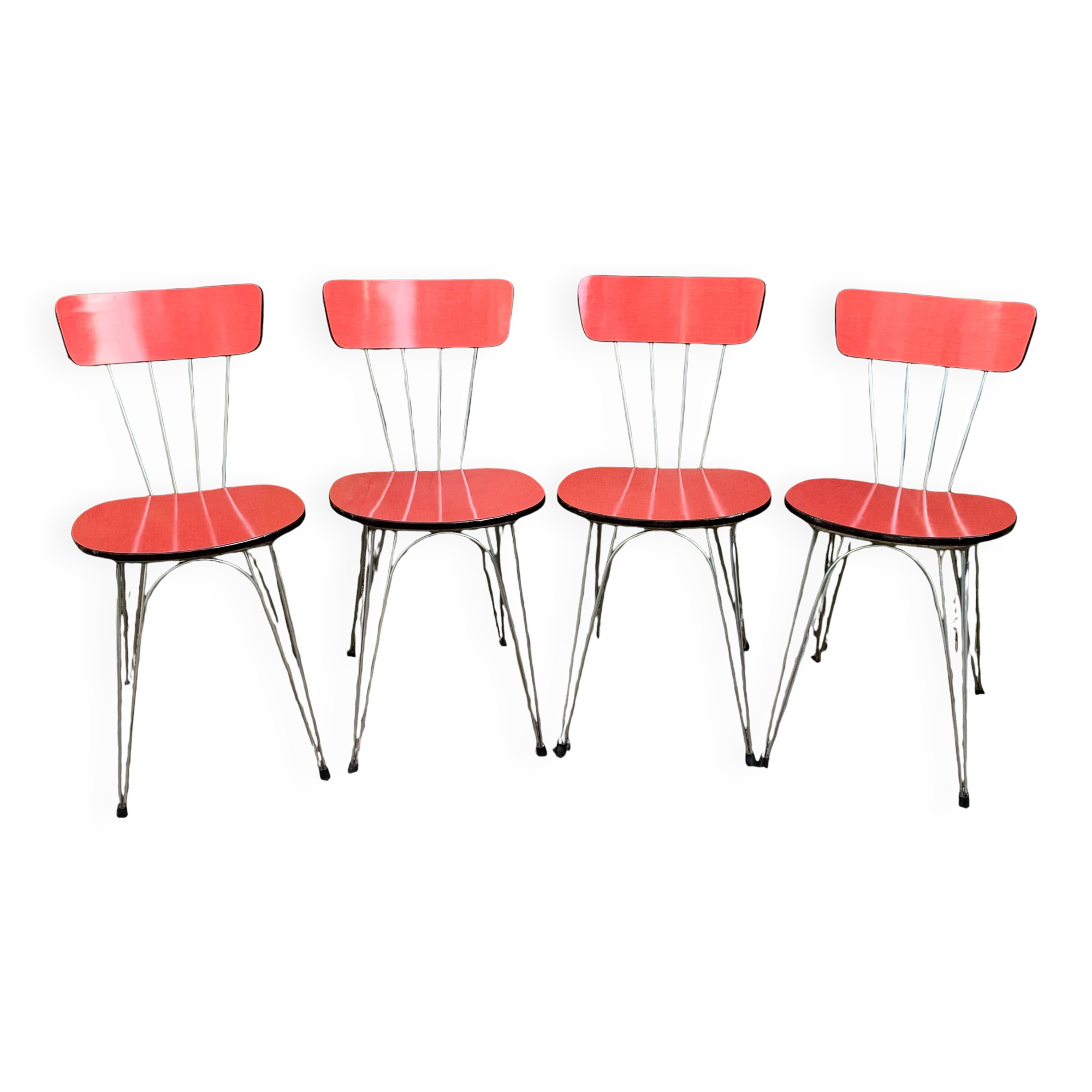4 red Formica chairs with Eiffel legs, 1950s