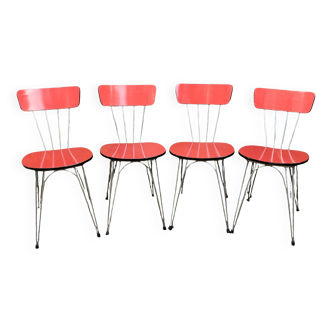 4 red Formica chairs with Eiffel legs 1950