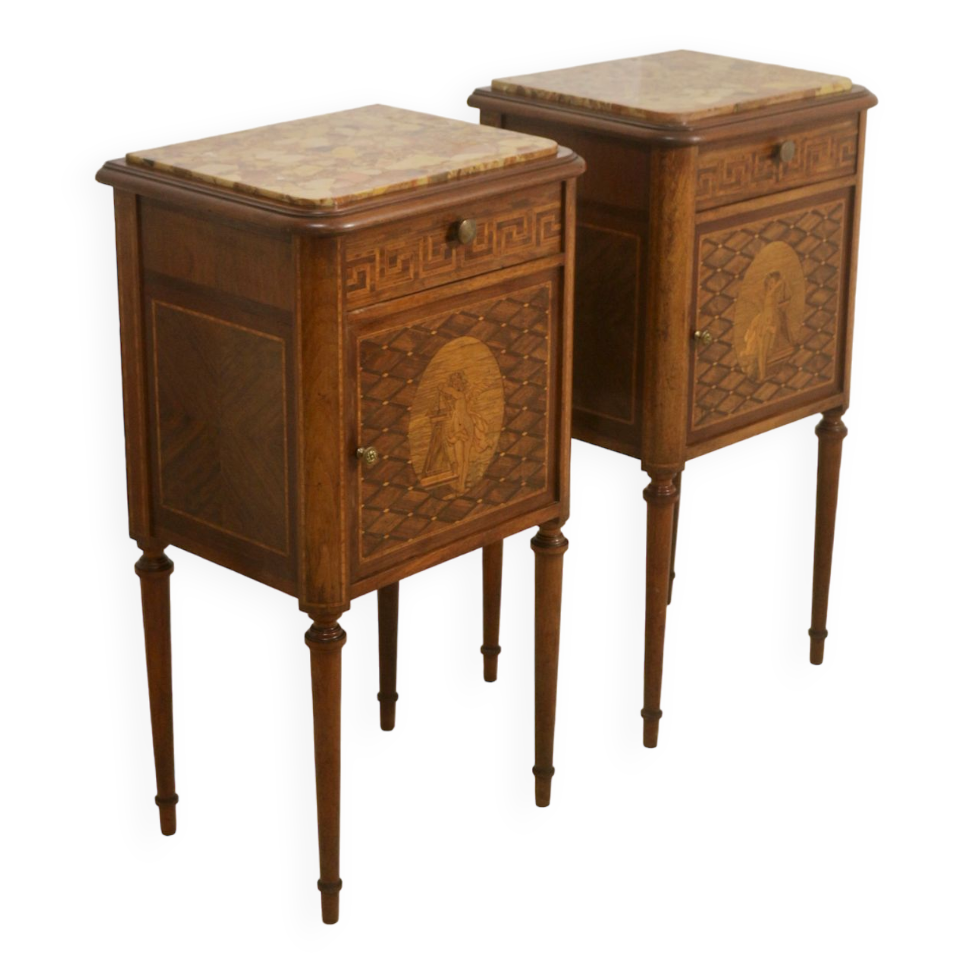 Pair of marquetry bedside tables decorated in marble façade Brèche d'Aleppo. Ref Toulouse.