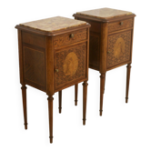 Pair of marquetry bedside tables decorated in marble façade Brèche d'Aleppo. Ref Toulouse.