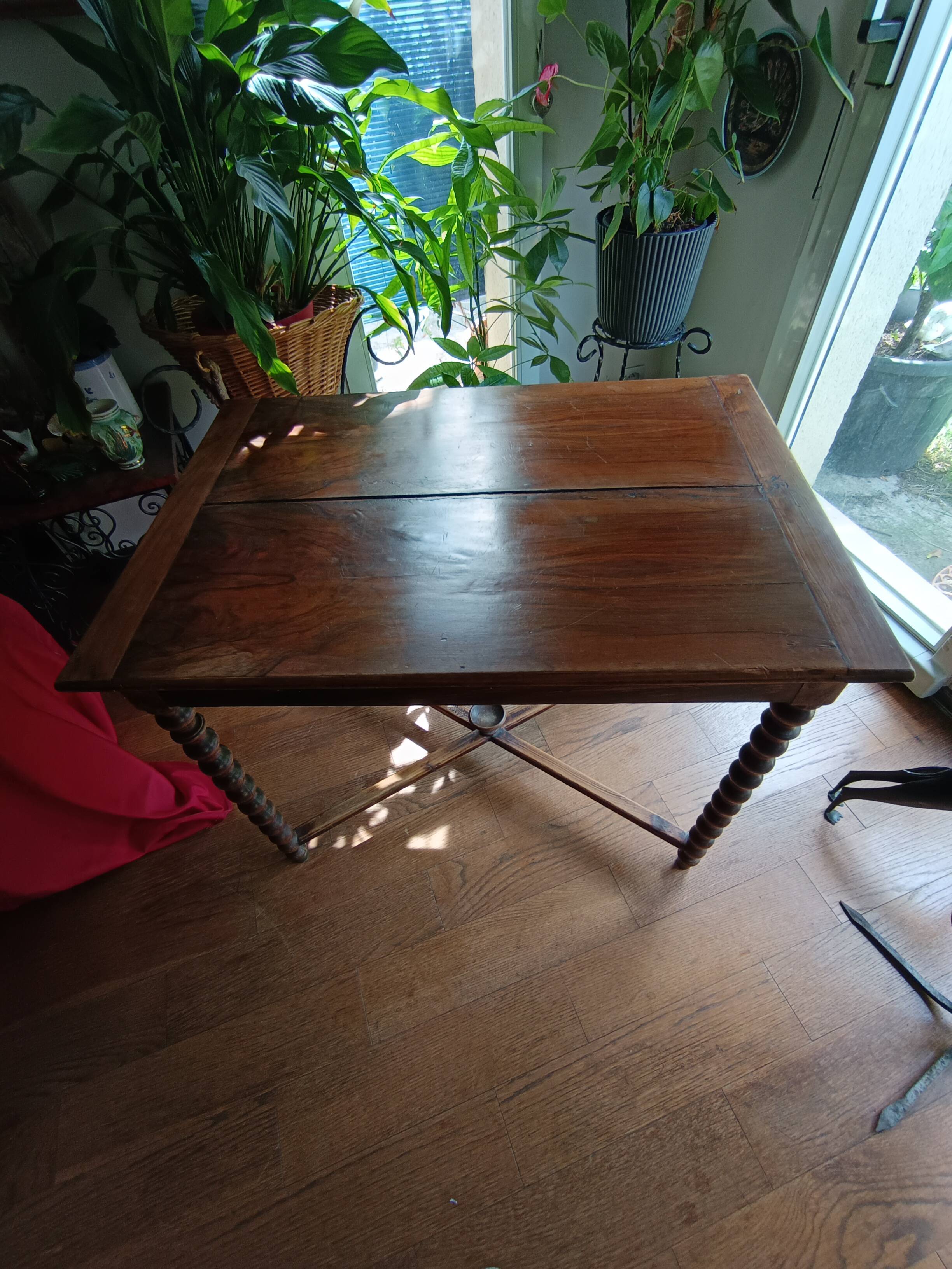 Antique solid walnut table with turned legs, france, late 19th century