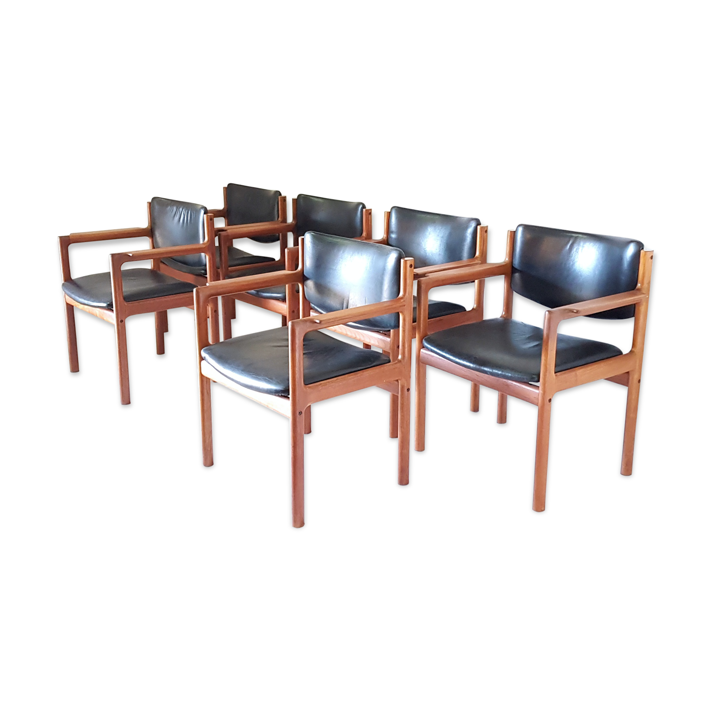 Set of 6 teak and leather armchairs. Denmark 1960s