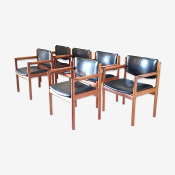 Ensemble de 6 chaises en teck et cuir