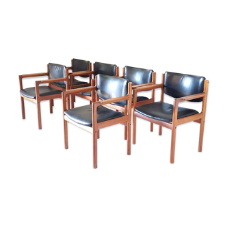 Set of 6 teak and leather armchairs. Denmark 1960s