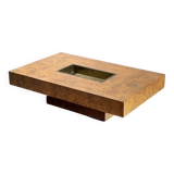 Table basse en bois de loupe avec bar en laiton par Jean Charles pour Maison Charles, 1970