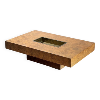 Table basse en bois de loupe avec bar en laiton par Jean Charles pour Maison Charles, 1970