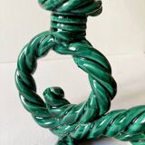 Two-armed candlestick in green glazed ceramic, braided effect