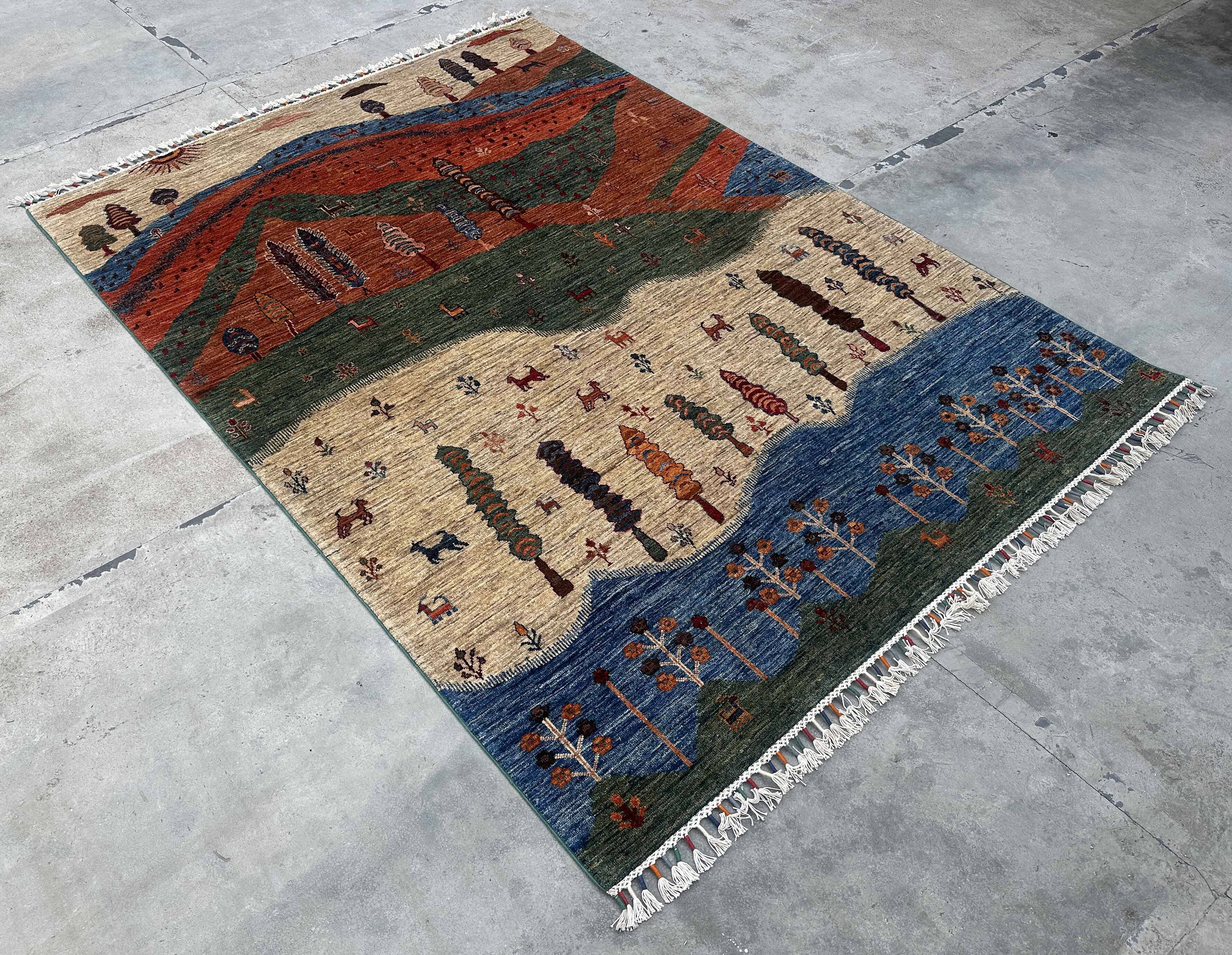 Gabbeh-Style Hand-Knotted Wool Rug with Abstract Landscape – 238×175 cm