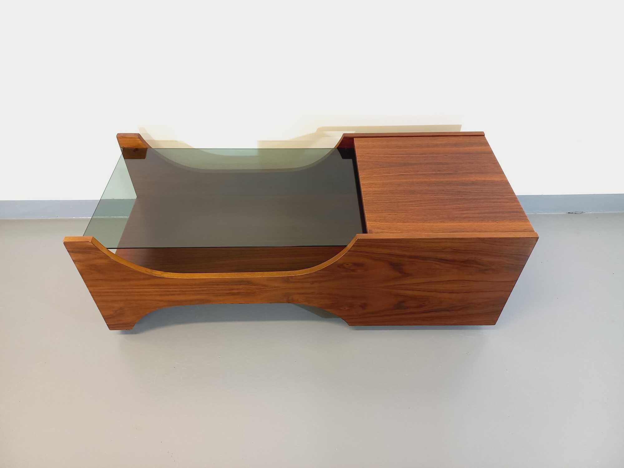 Vintage bar coffee table on rosewood wheels and smoked glass from the 60s