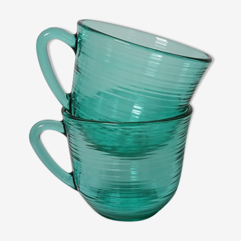 Set of 2 coffee cups in green glass of water Arcoroc, made in France