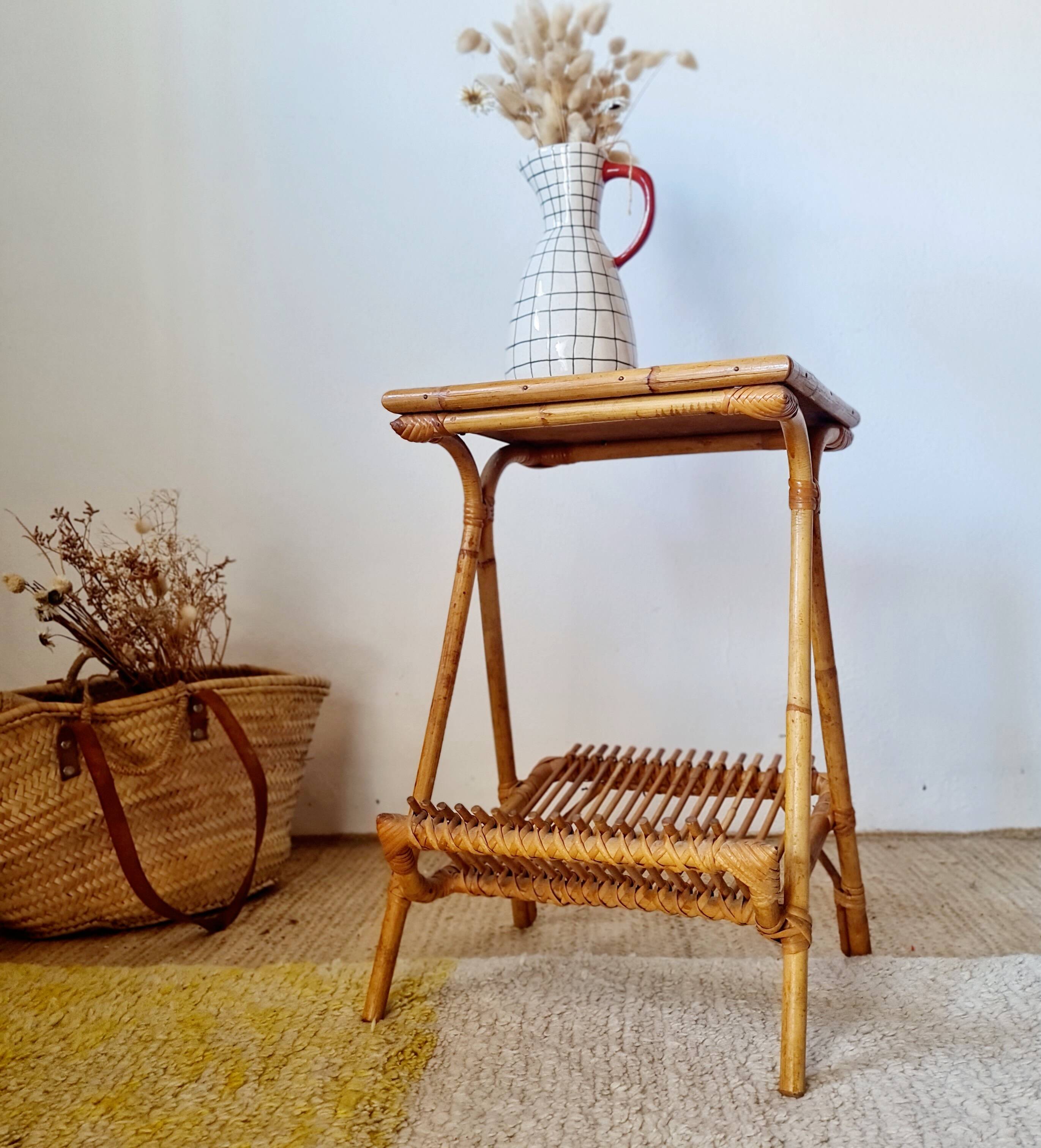 Vintage rattan and bamboo side table – 1960s Riviera style -