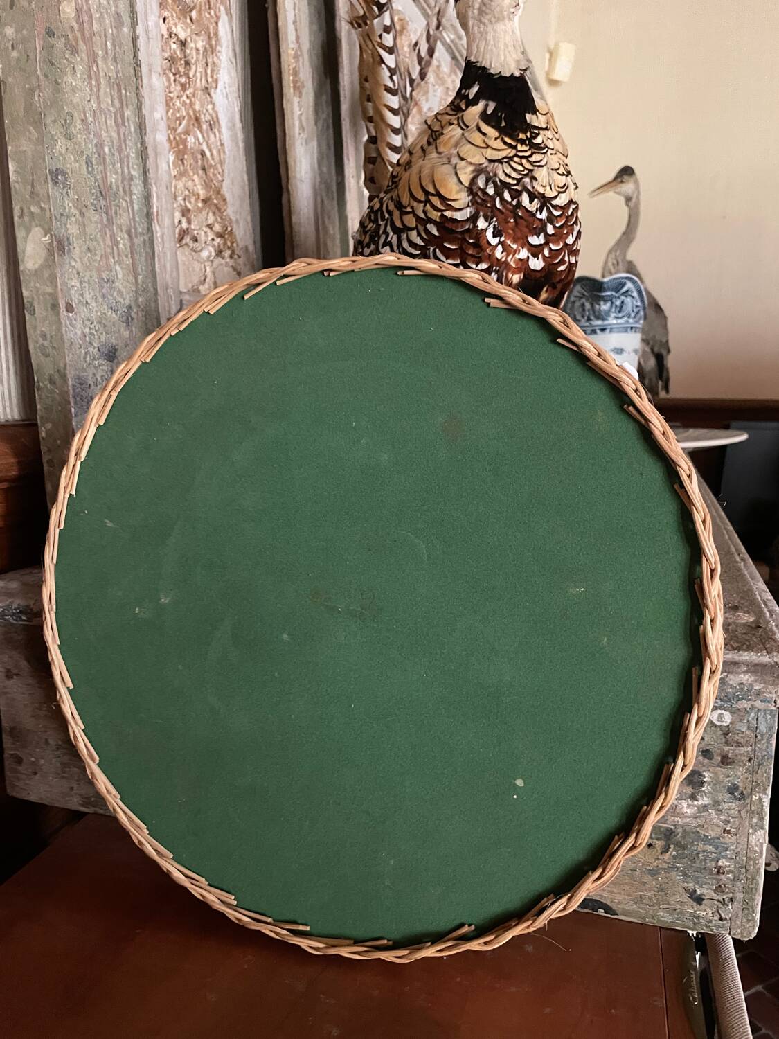 Vintage rattan tray with peacock feather