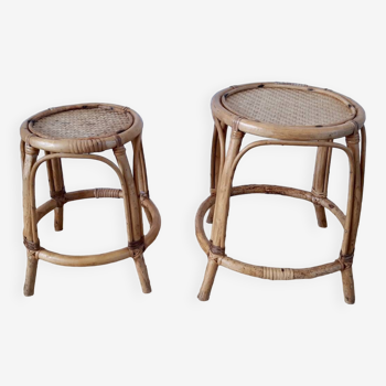 Pair of honey-colored rattan stools/plant holders in the 60s