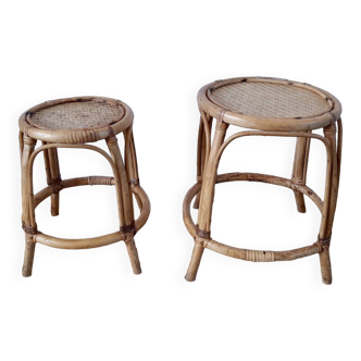 Pair of honey-colored rattan stools/plant holders in the 60s