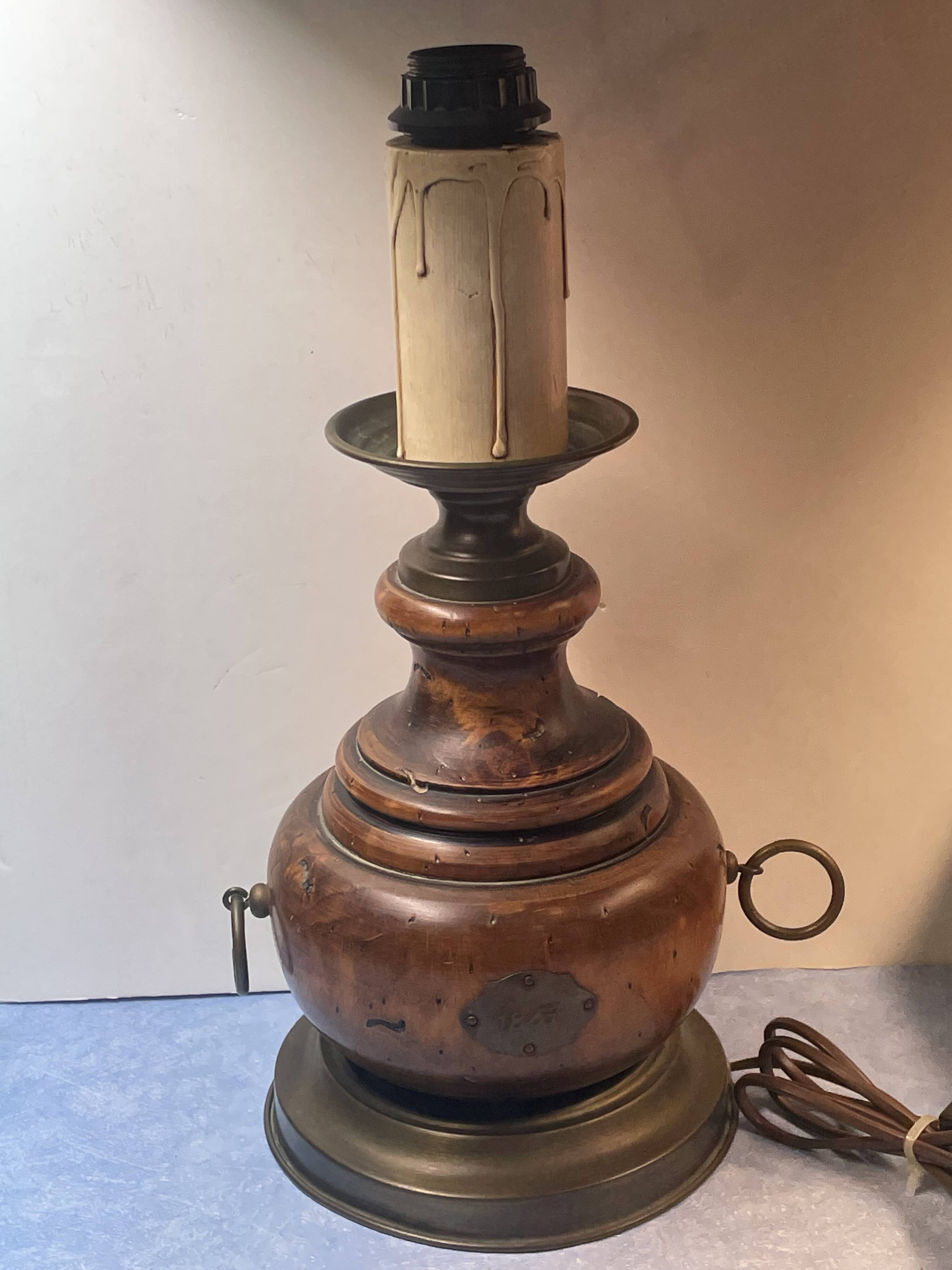 Lamp base baluster shape natural wood, brass, 42 cm socket height