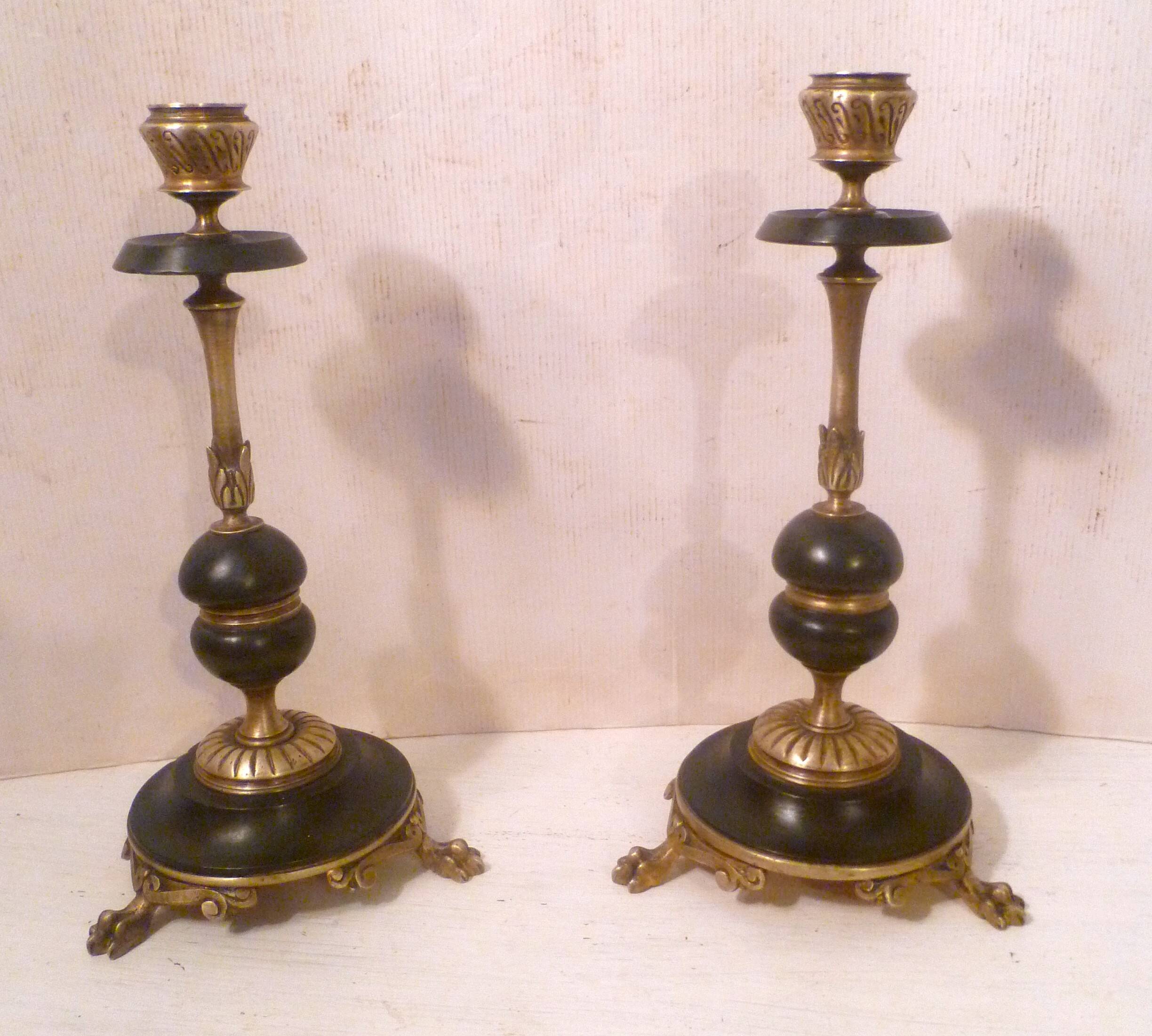 Pair of lion paw candlesticks 19th century napoleon iii in bronze & stone