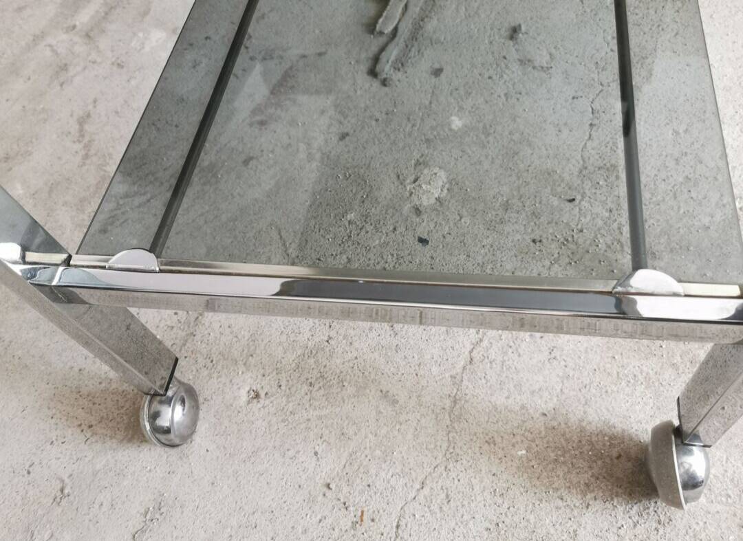 Table d'appoint, desserte, console en verre et métal chromé