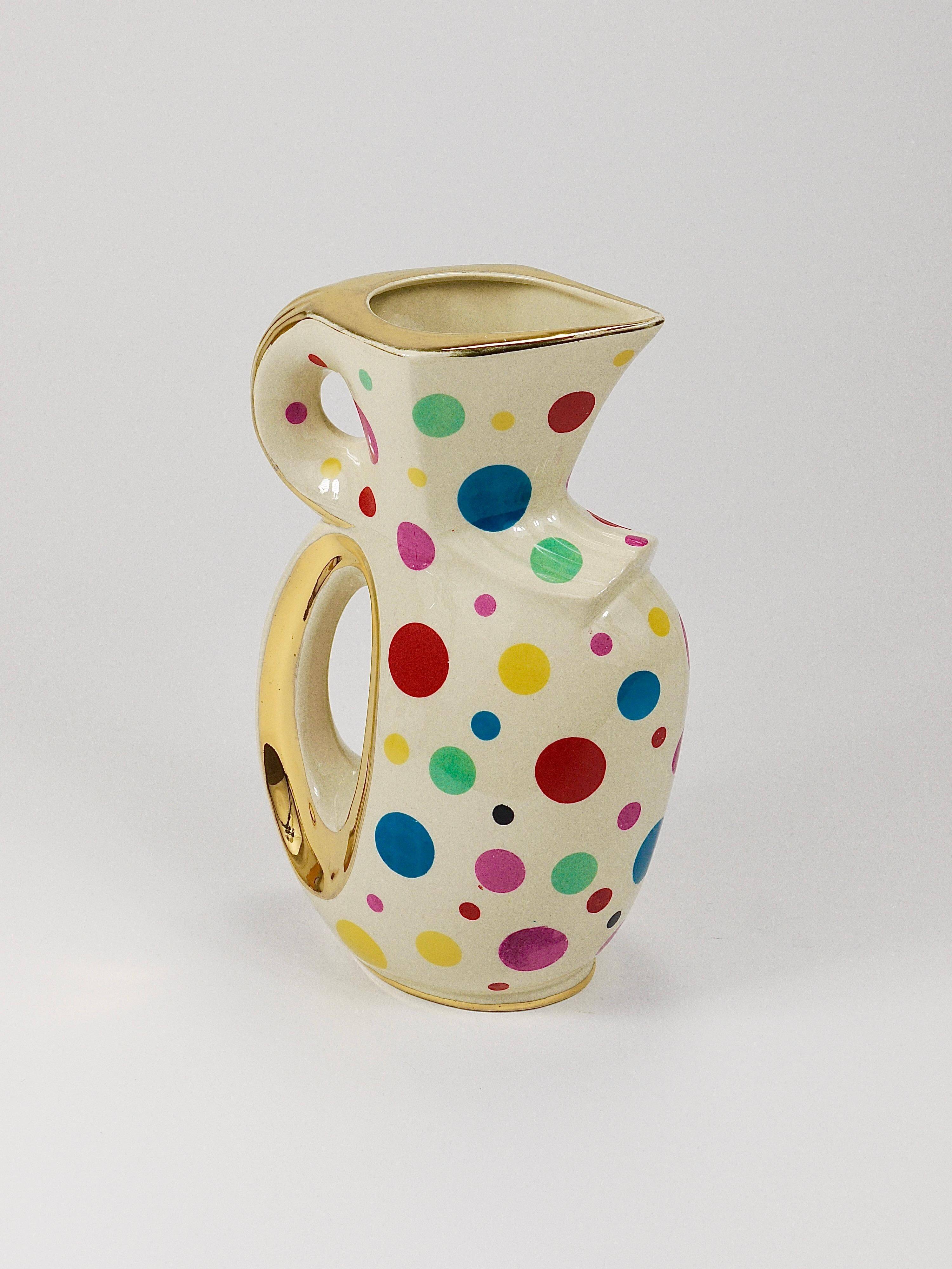 Boch Frères Pichet / Mid-Century Jug in Gold and Polka Dots, Belgium, 1950s
