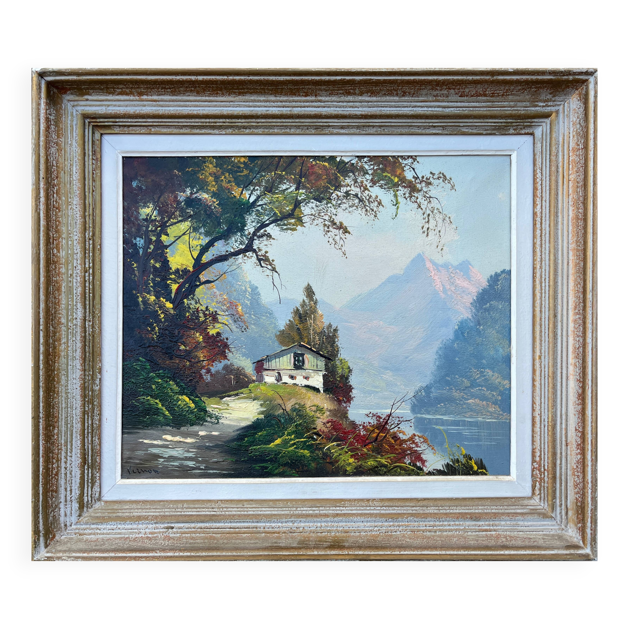 Tableau HST "Paysage de montagne lacustre" signé Vernon + cadre