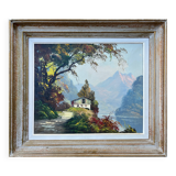 HST painting "Lake mountain landscape" signed Vernon + frame