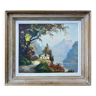 Tableau HST "Paysage de montagne lacustre" signé Vernon + cadre