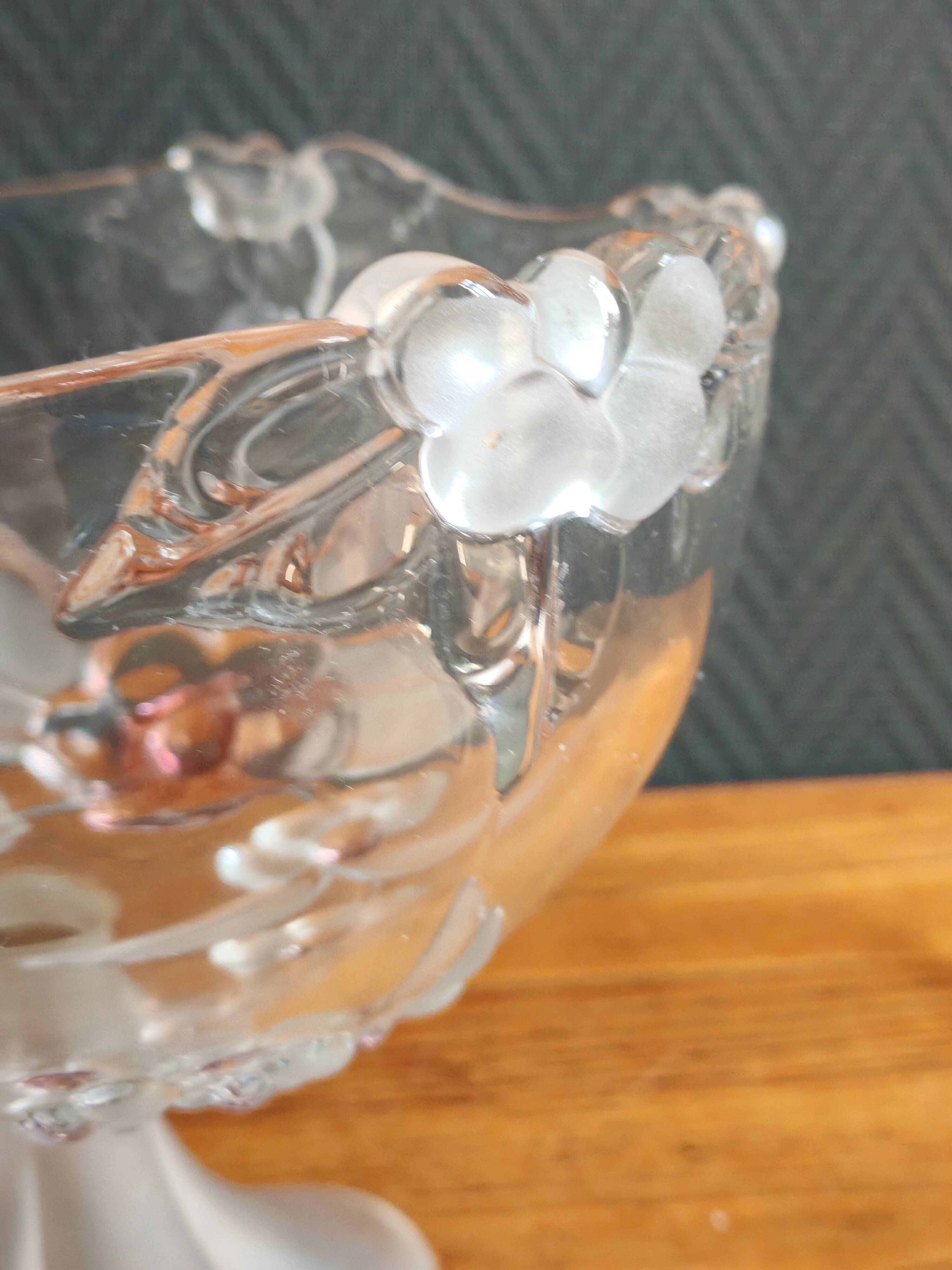 Vintage Frosted Glass Footed Bowl – Relief Decor of Pink Flowers