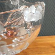Vintage Frosted Glass Footed Bowl – Relief Decor of Pink Flowers